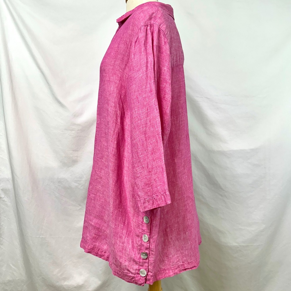 TAHARI Pink 100% Linen Tunic Top Collared Popover Side Buttons 2x Plus Lagenlook - Picture 4 of 8